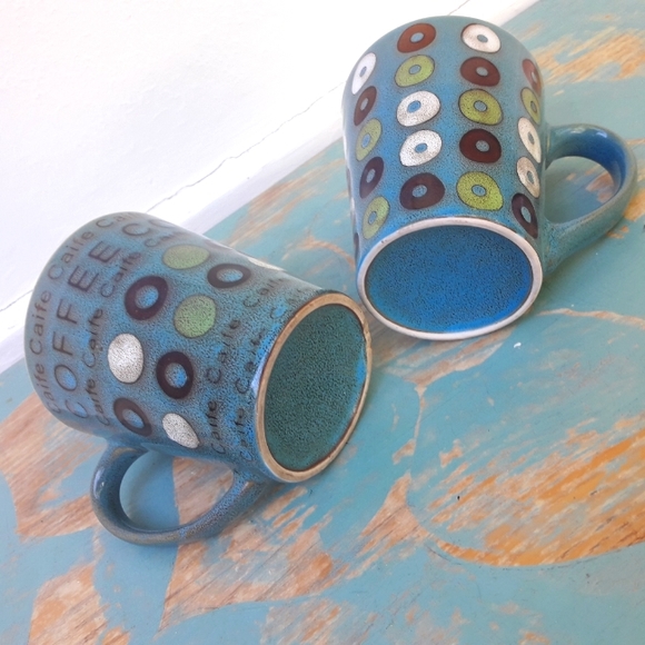 Vintage Mugs Coffee Cups Ceramic Teal Green Set of 2 Donuts Cheerios VTG - Picture 4 of 10